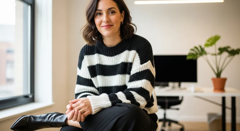 Striped Knit Sweater, Tailored Trousers, & Pointed-Toe Booties