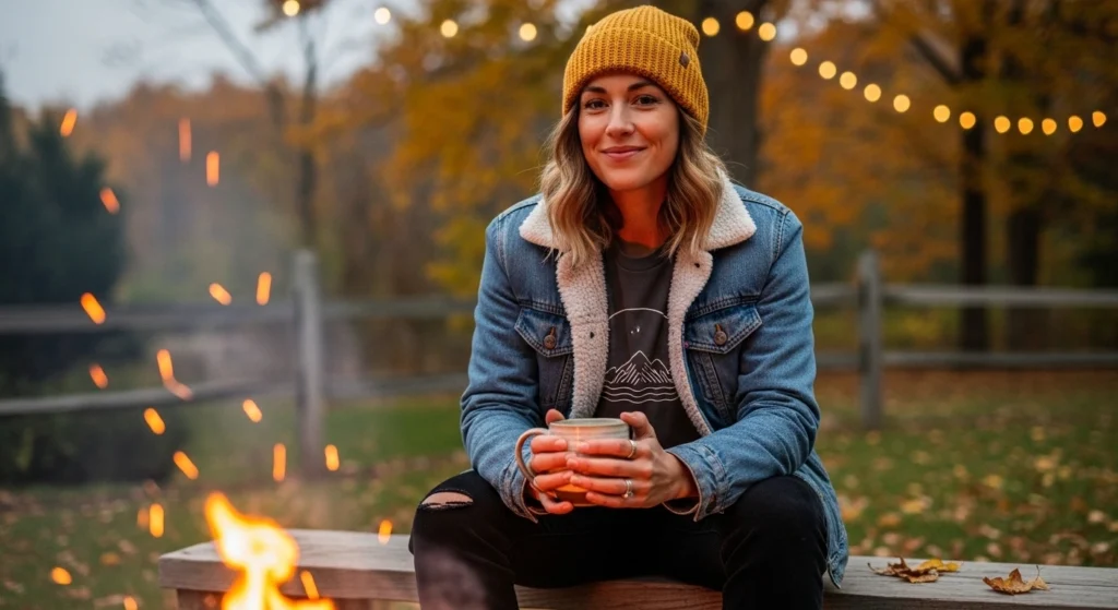 Sherpa-Lined Denim Jacket, Graphic Tee, & Waffle-Knit Beanie