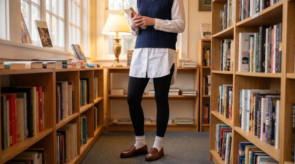 12. Black Leggings with an Oversized Button-Down and Sweater Vest
