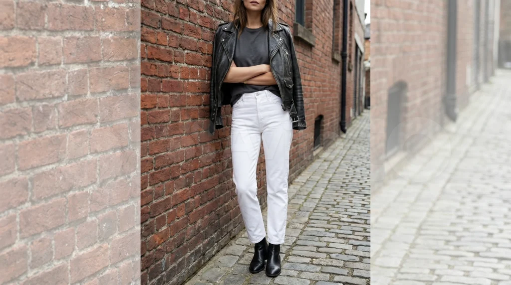 12. The Leather Jacket and White Jeans Combo