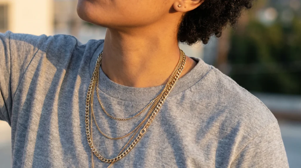 18. Layered Gold Jewelry with a Basic Tee