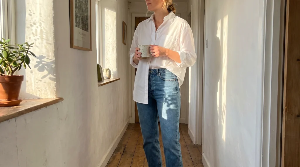 1. The Oversized White Button-Down and Straight-Leg Denim