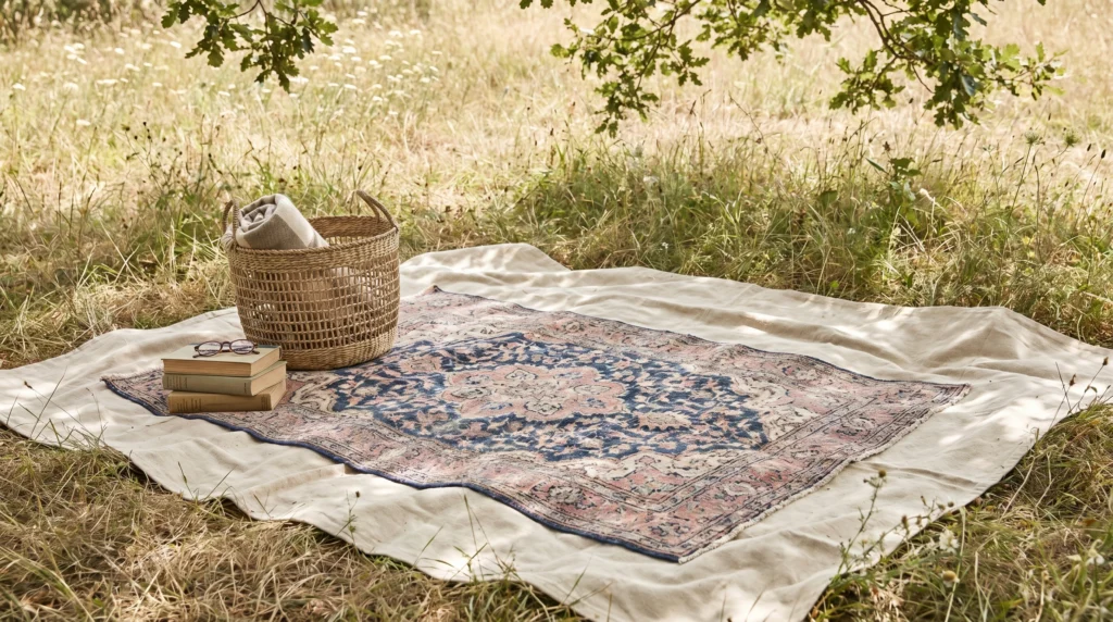 2. Layering Vintage Rugs over Waterproof Bases