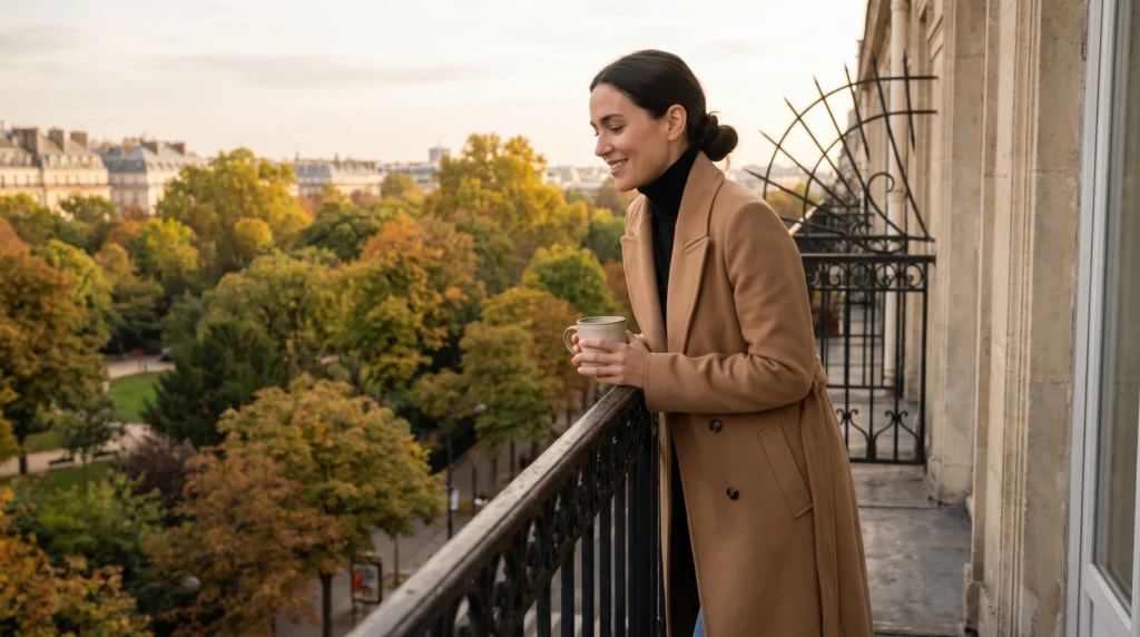 4. Camel Wool Coat over All-Black Basics