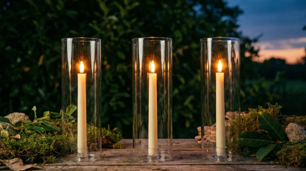 4. Battery-Operated Taper Candles in Hurricane Glass
