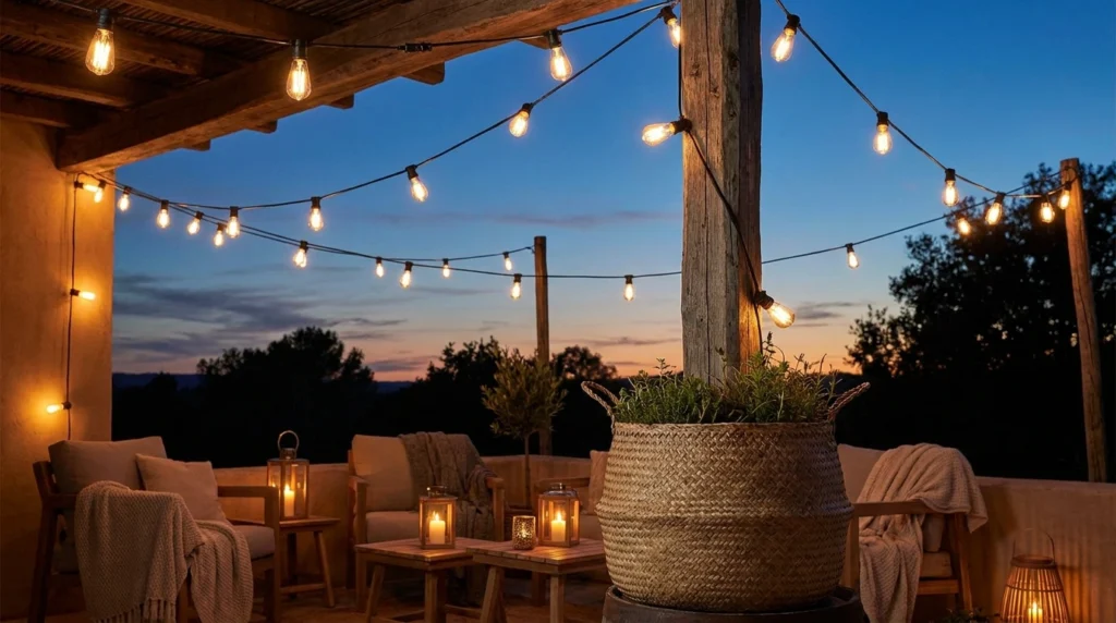 5. String Lights with DIY Timber Posts
