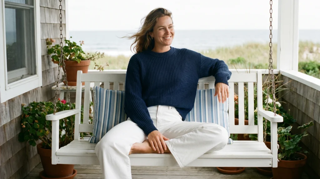 7. Navy Sweater and White Wide-Leg Pants