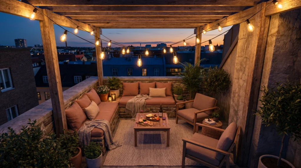 7. Layered String Lights for "Golden Hour" Vibes