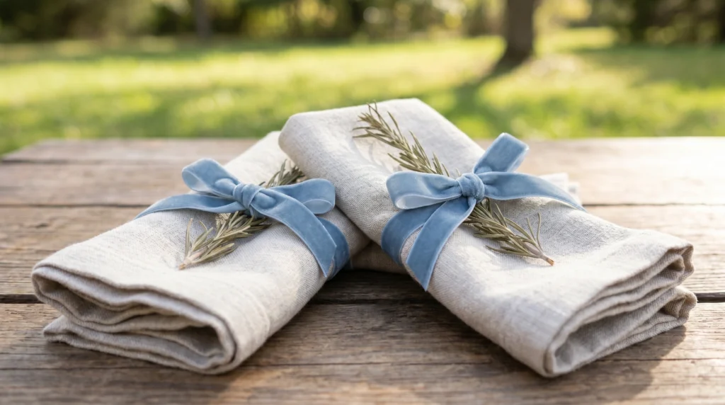 Fabric Napkins Tied with Velvet Ribbon