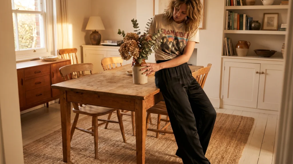 8. Graphic Tee and Silk Trousers