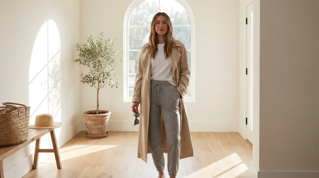 9. Trench Coat and Grey Joggers