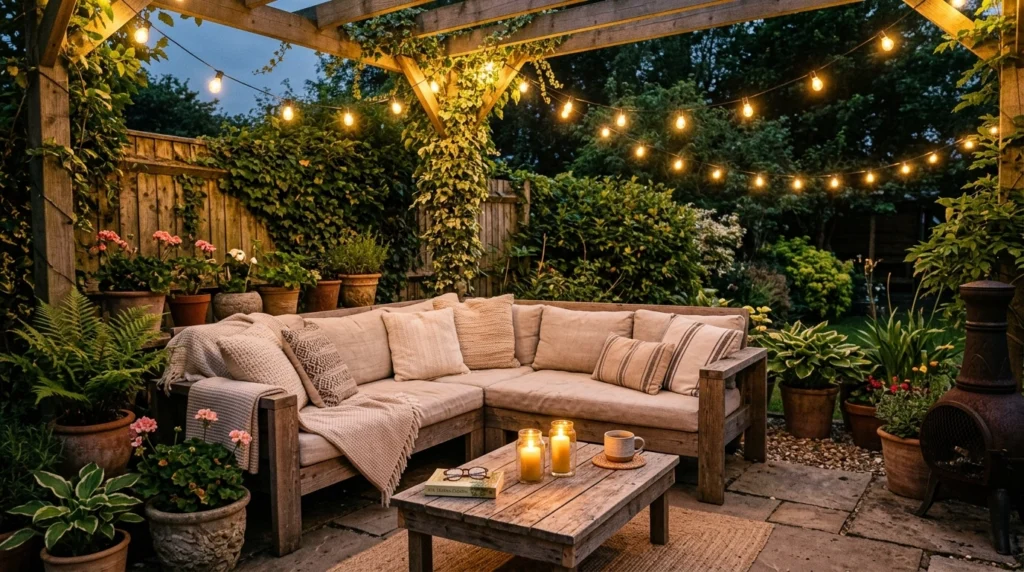Warm String Lights Draped Over Seating Areas