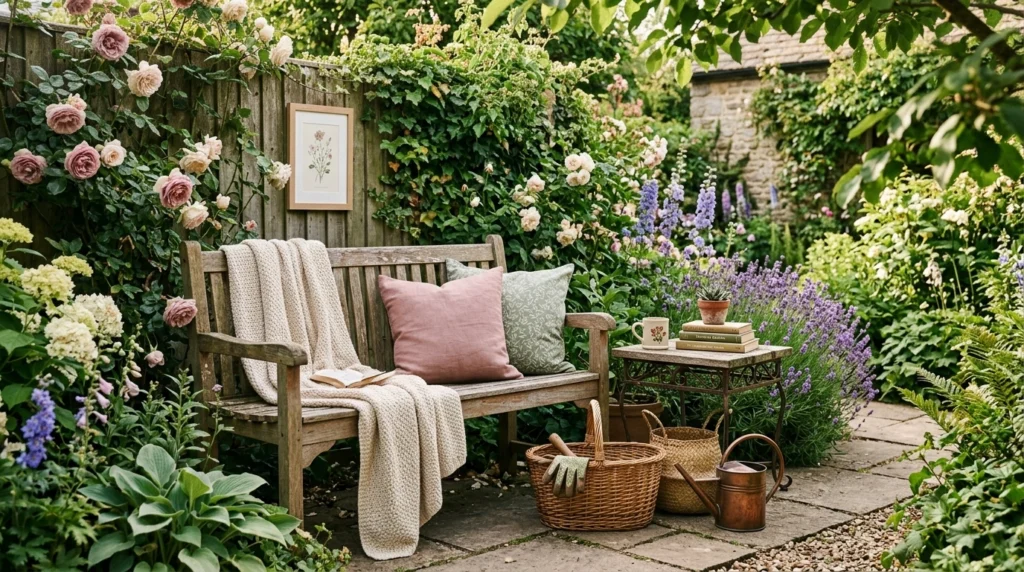 Garden Bench Framed by Plants and Flowers