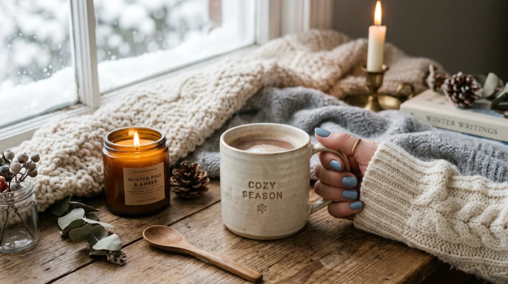 Soft Blue Nails with Cozy Winter Vibes