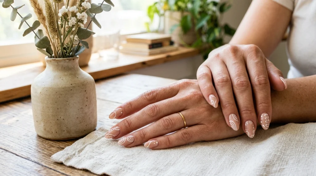 Clean White Line Art on Neutral Nails
