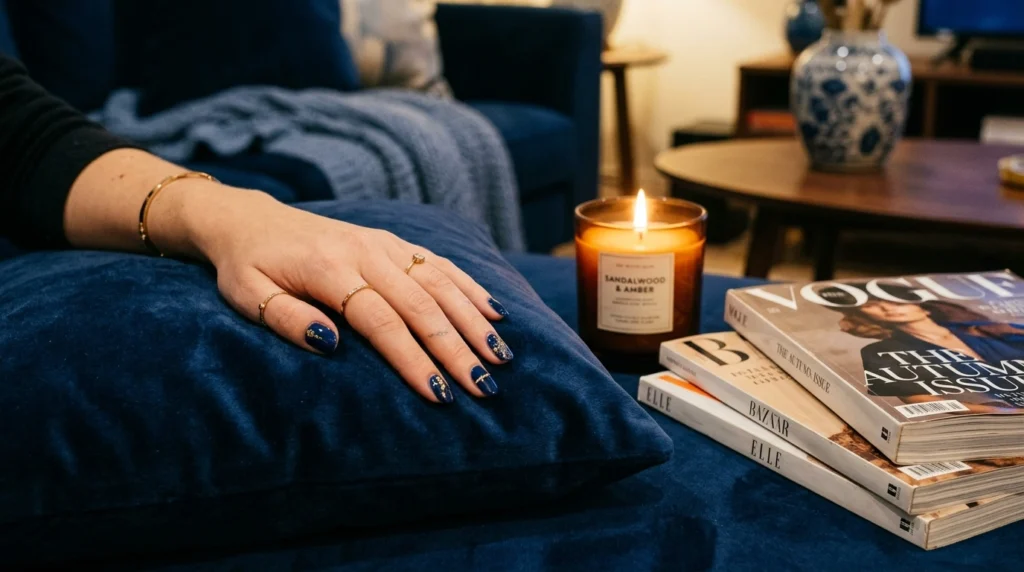 Navy Blue Nails with Minimal Gold Details