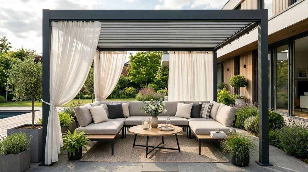 Sleek Pergola with Sheer Curtains