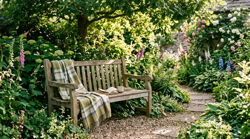Garden Bench with Throw Blanket