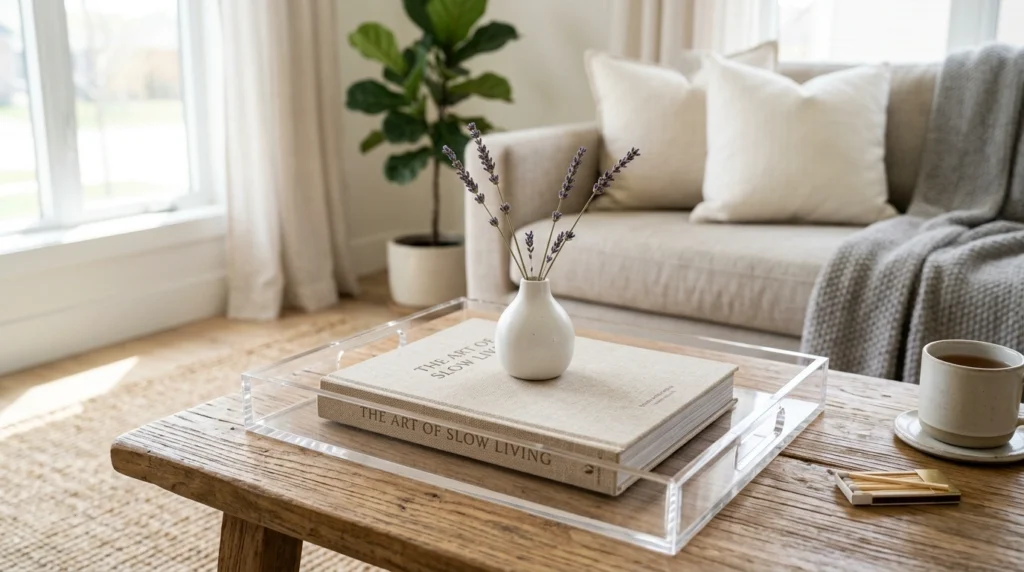 10. The Clear Acrylic Tray with a Linen Book and Dried Florals