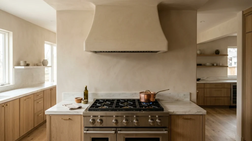 Plaster-Finish Range Hood with Clean Lines
