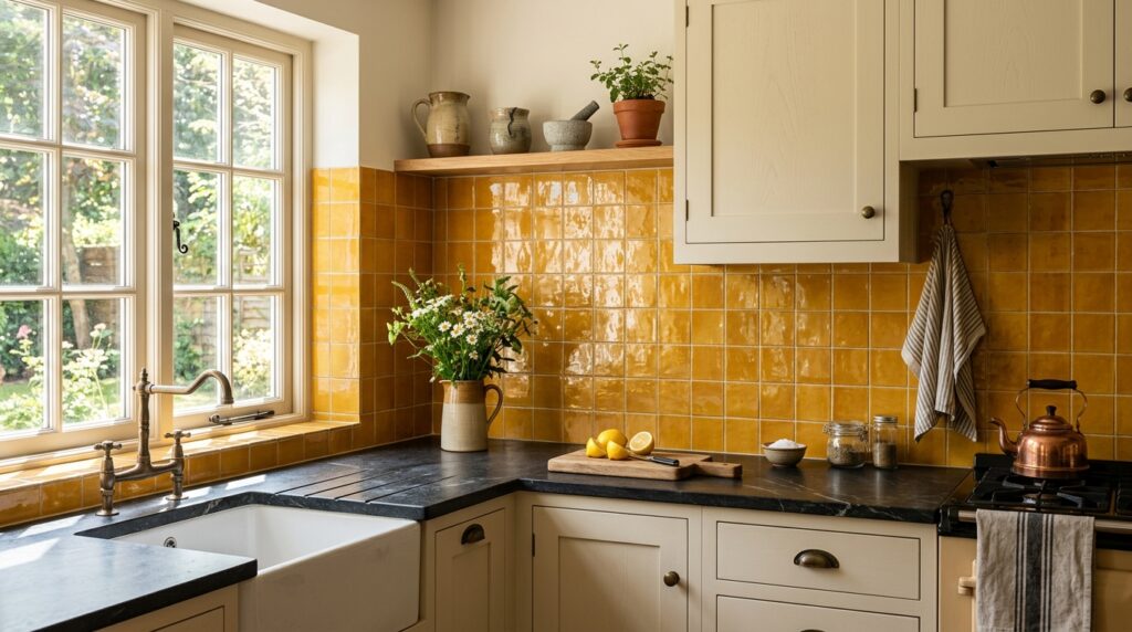 10. Warm Ochre Square Tile with a High-Gloss Glaze