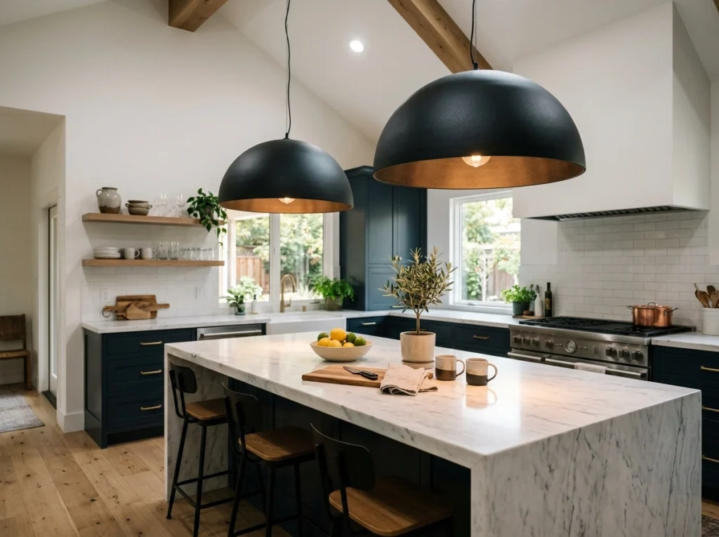 10. Dramatic Dark Pendants Over a Light Marble Island