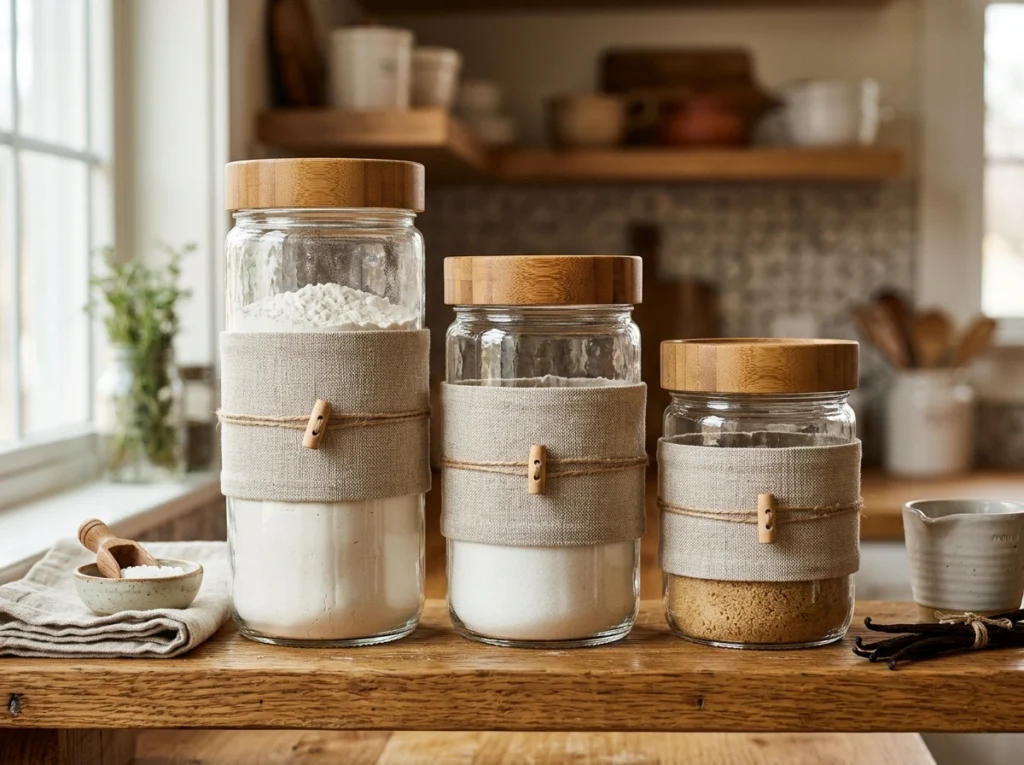 10. Stacked Linen-Wrapped Ingredient Canisters