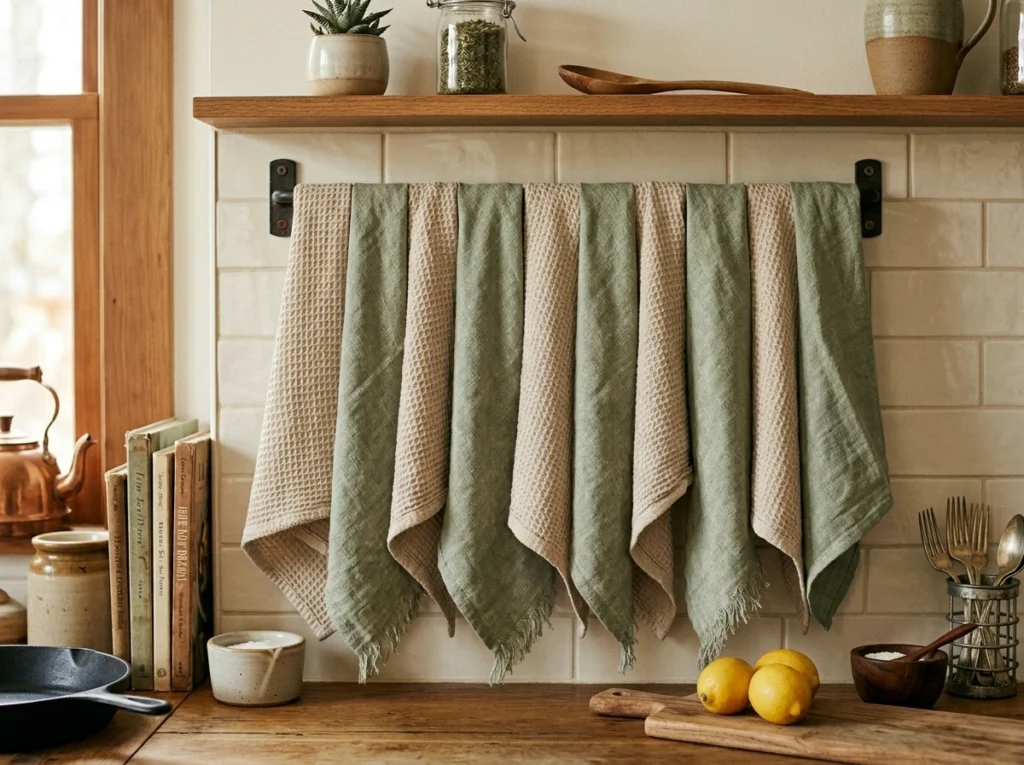 10. Textured Linen Hand Towels and Cafe Curtains