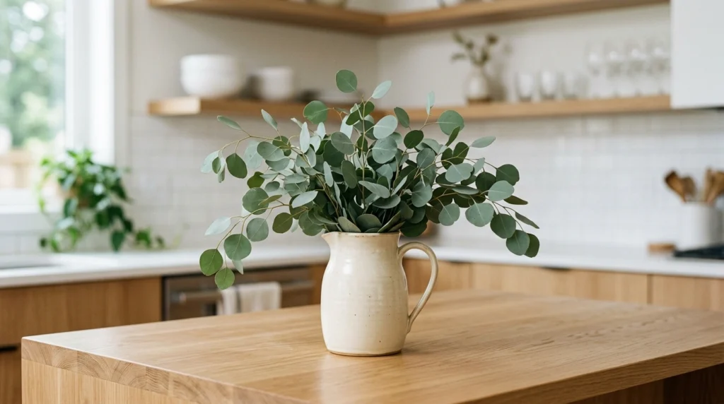 10. The Minimalist Ceramic Pitcher with Fresh Eucalyptus