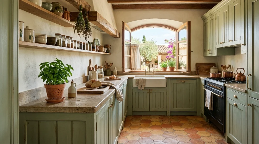 10. Sage Green Paneling Paired with Terracotta Floor Tiles