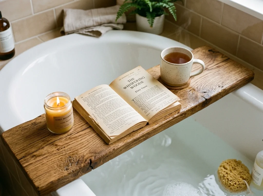 10. Rustic Wooden Board Bath Tray Setup