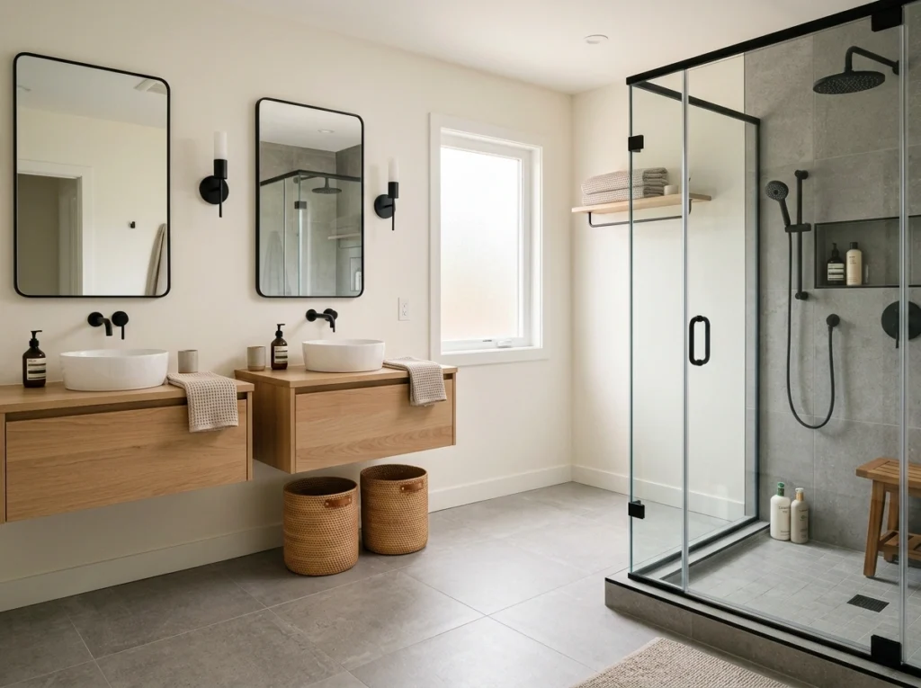 10. The Corner Shower with Floating Dual Vanities