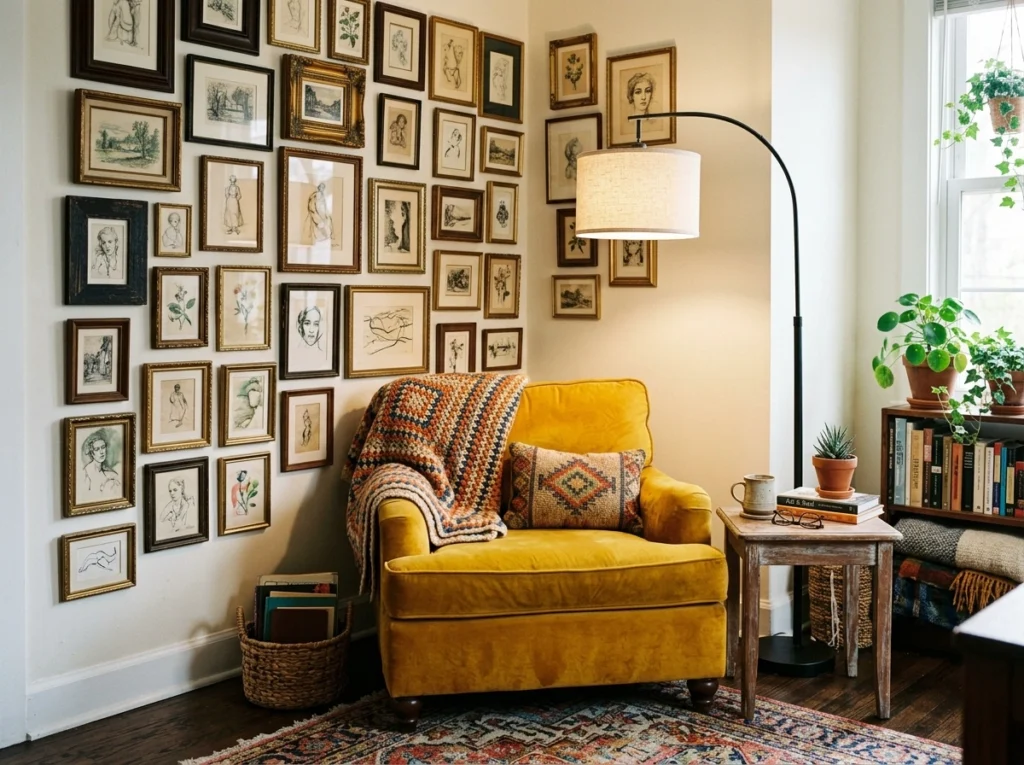 11. The Eclectic Gallery Wall Corner with a Colorful Accent Chair