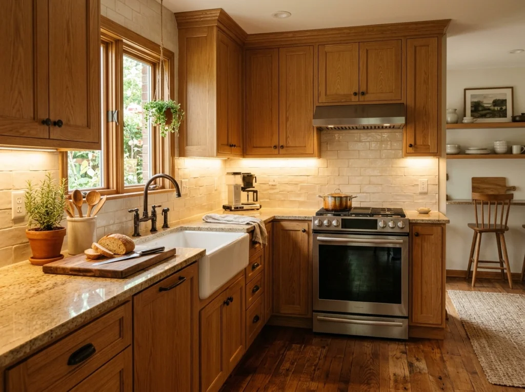 11. Warm Honey Oak Paired with Cream Ceramic Backsplashes