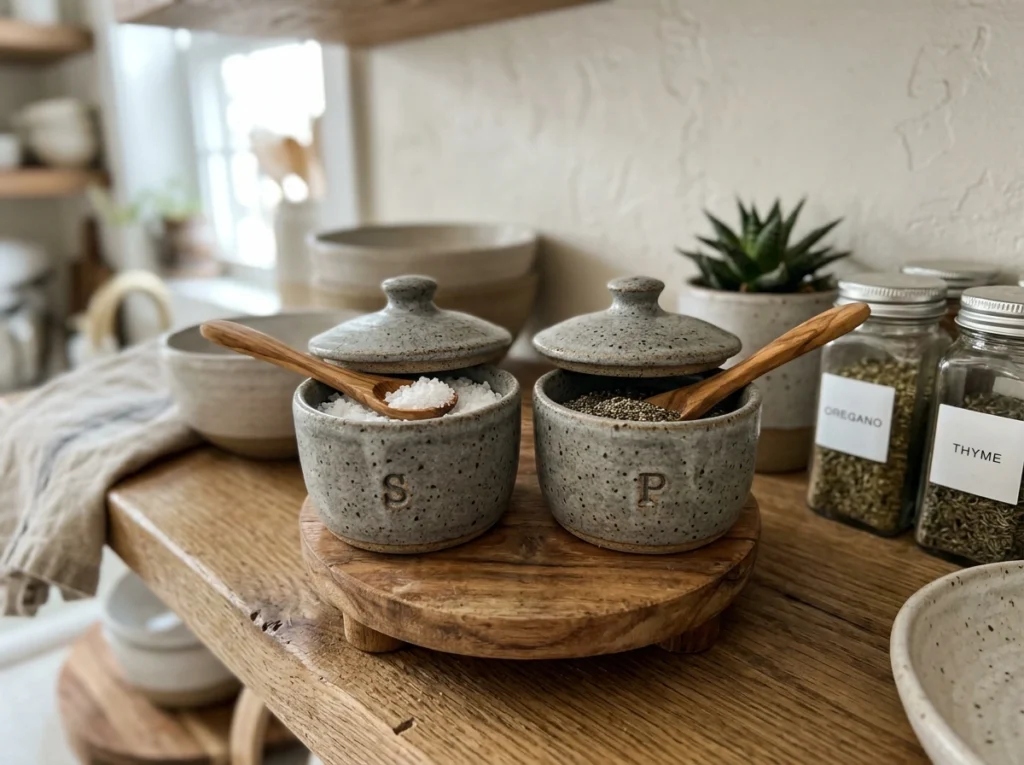 11. Warm-Toned Ceramic Salt and Pepper Cellars