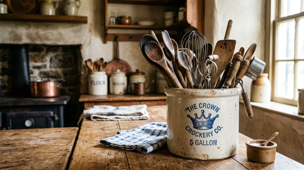 11. The Vintage Stoneware Crock with Wooden Utensils