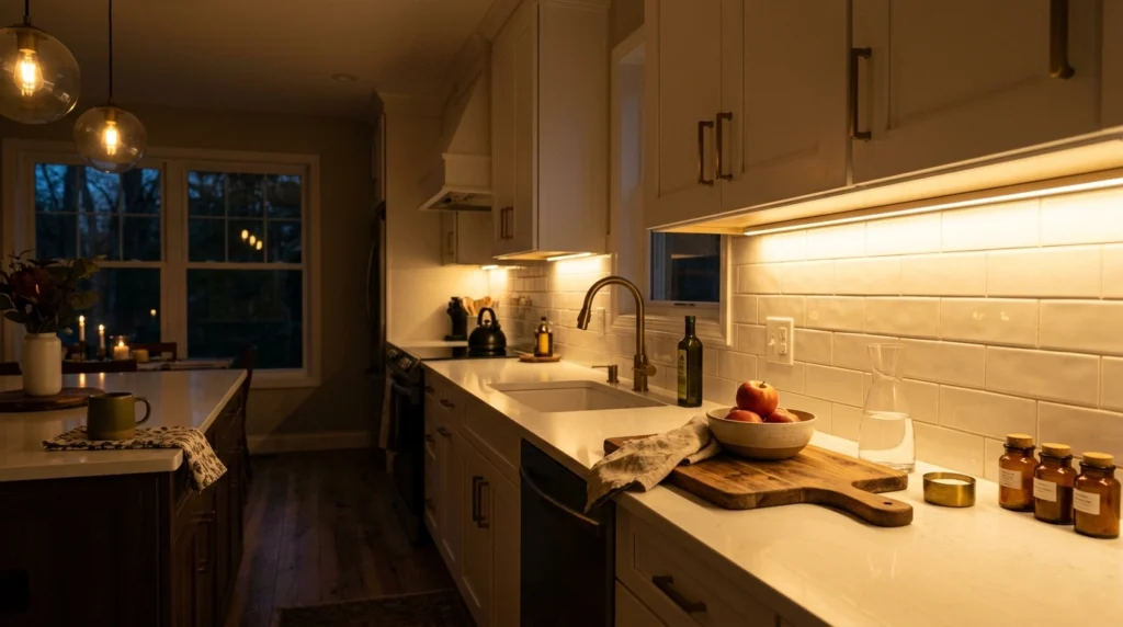 11. Warm Under-Cabinet LED Lighting with Yellow-Gold Undertones