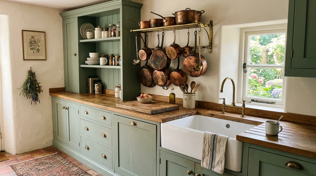 11. Vintage-Inspired Sage Kitchen with Copper Cookware Accents