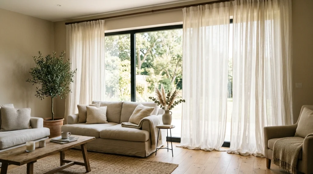 12. Soft Linen Drapery Hanging High and Wide