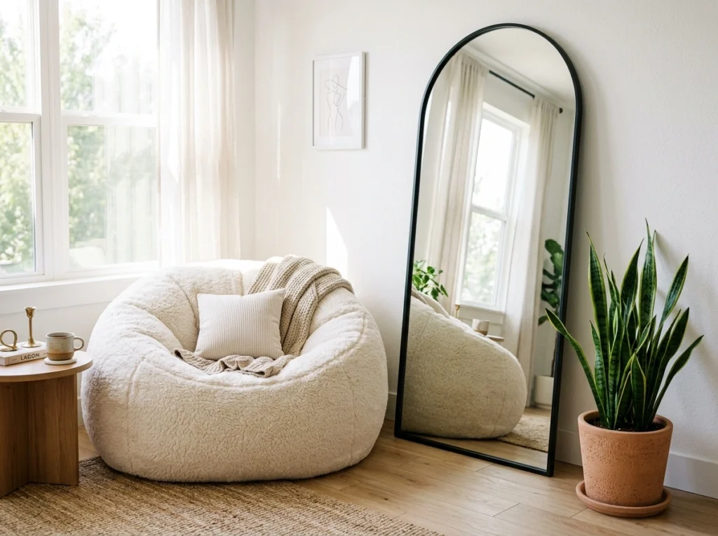 12. The Soft Sherpa Beanbag & Floor-Length Mirror Corner