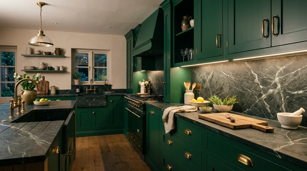 12. Deep Emerald Green Cabinets with Soapstone Countertops