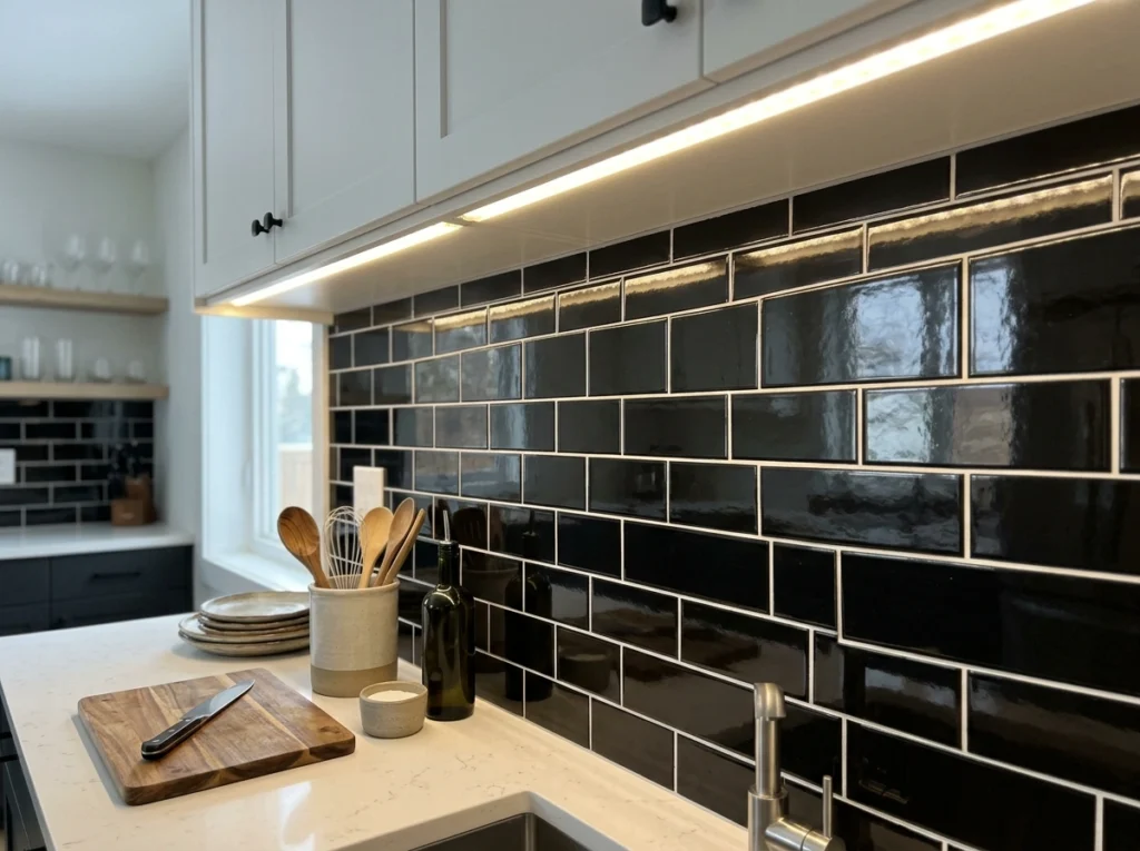 12. Glossy Black Subway Tiles with Contrasting White Grout