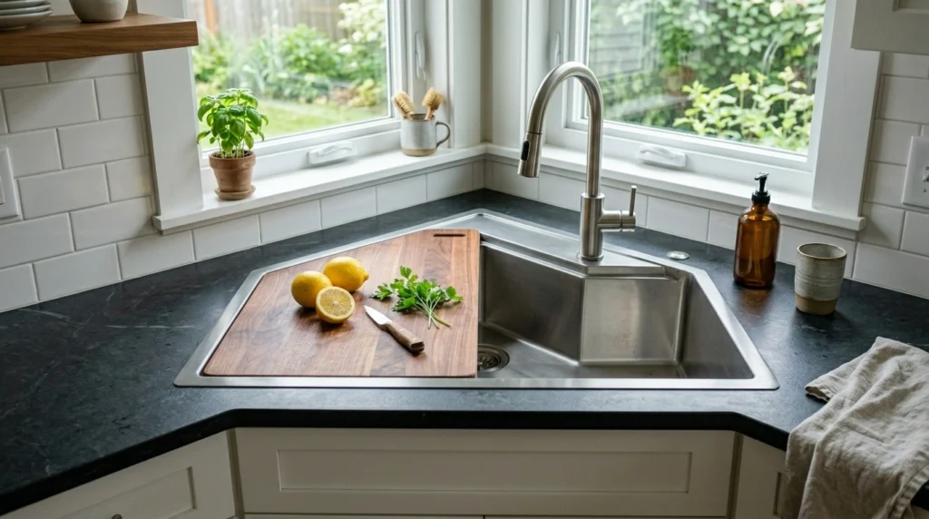 12. Corner Sink Design with a Custom Cutting Board Fit