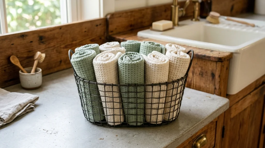 12. The Rolled Linen Dish Towels in a Wire Basket