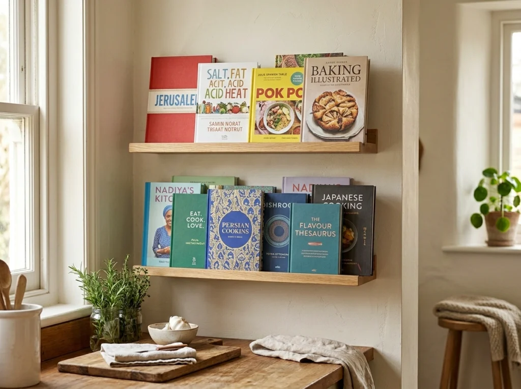 12. Displaying Curated Cookbooks on Floating Ledges