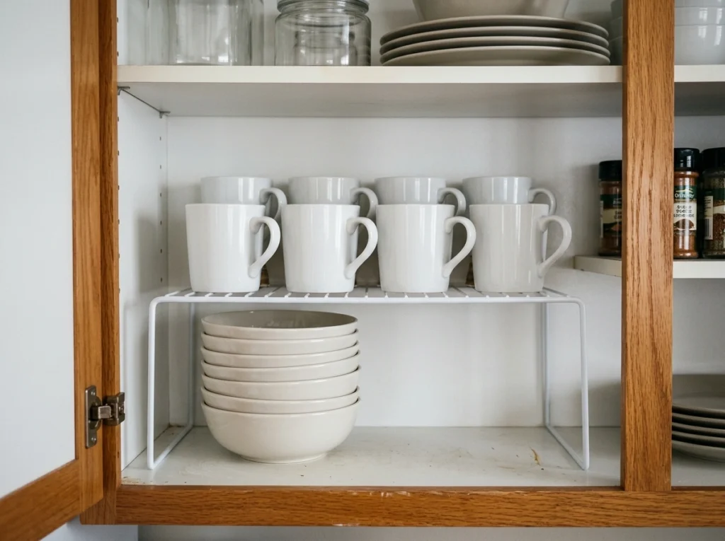 12. Stackable Cabinet Risers to Double Shelf Space