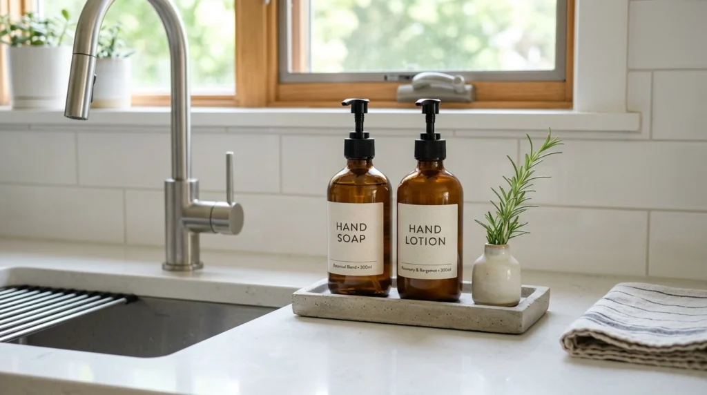 12. The Concrete Tray with Hand Soap and a Tiny Bud Vase