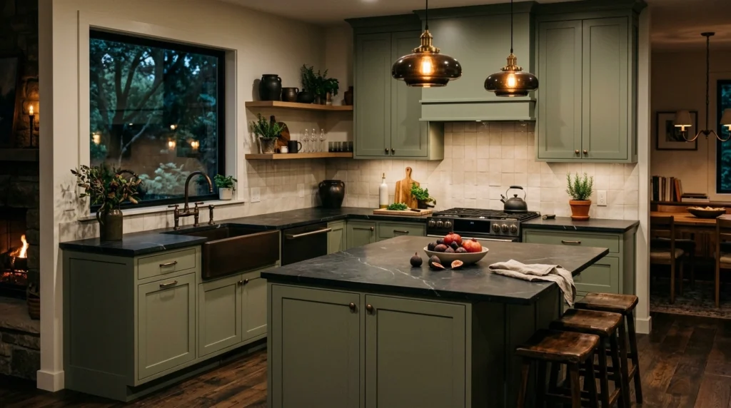 12. Sage Green Cabinets with Charcoal Grey Soapstone Countertops