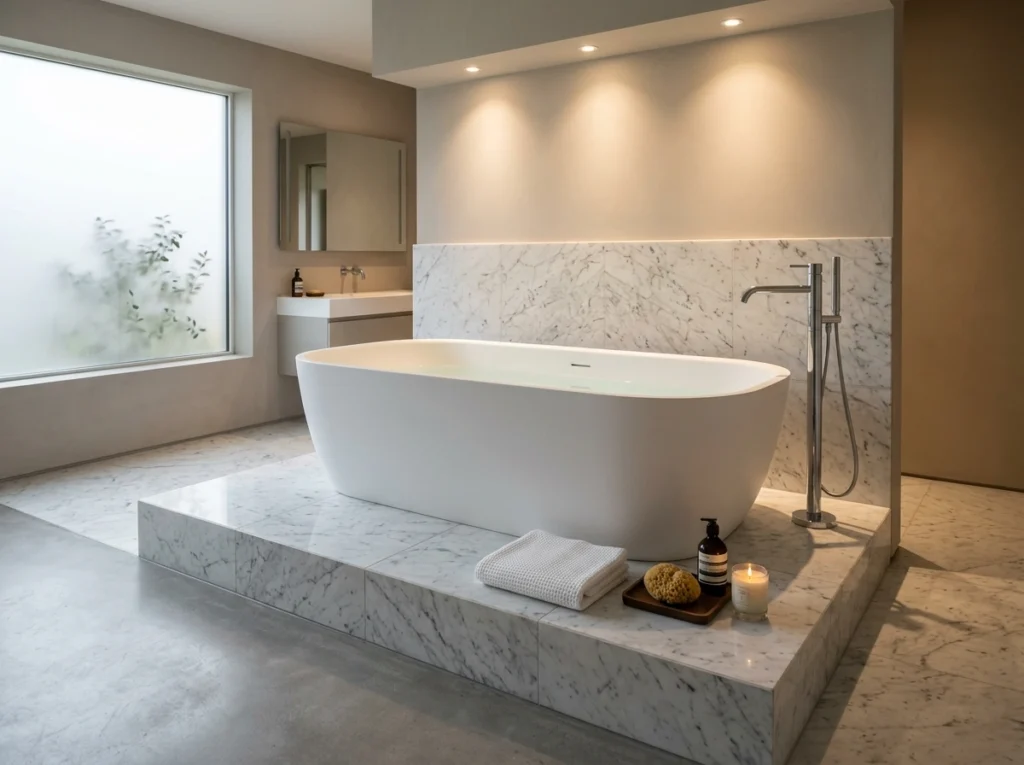 12. Marble-Wrapped Plinth Tub