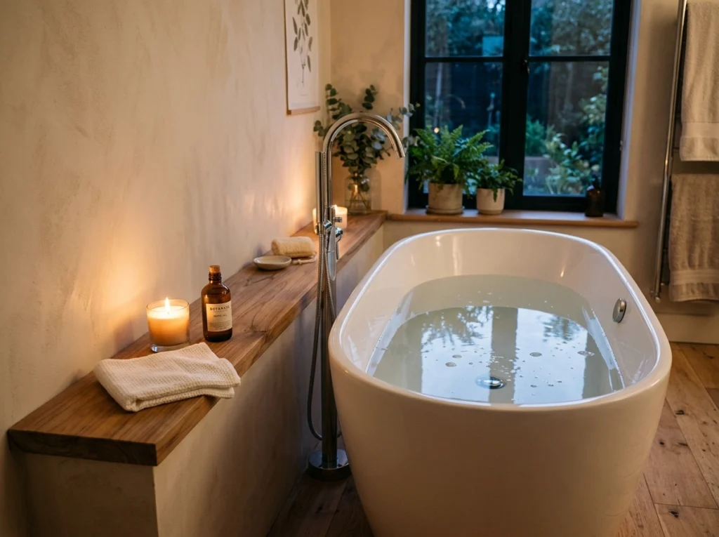 12. The Freestanding Tub with Surrounding Wooden Ledges